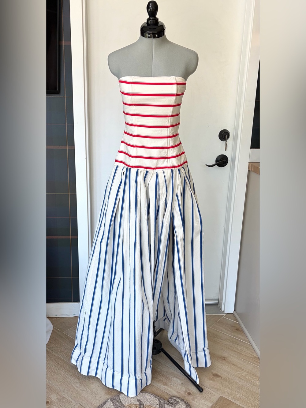 Rosie Assoulin Drop Waist Strapless Cotton Gown, red/blue stripes, slit, 0, EUC - Picture 5 of 16